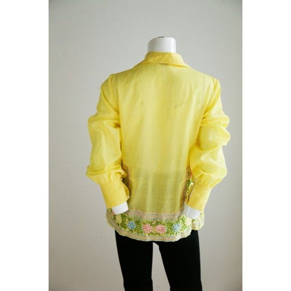 Vintage 70s Yellow Floral Embroidered Long Sleeve button down  Blouse Top S - Picture 8 of 9